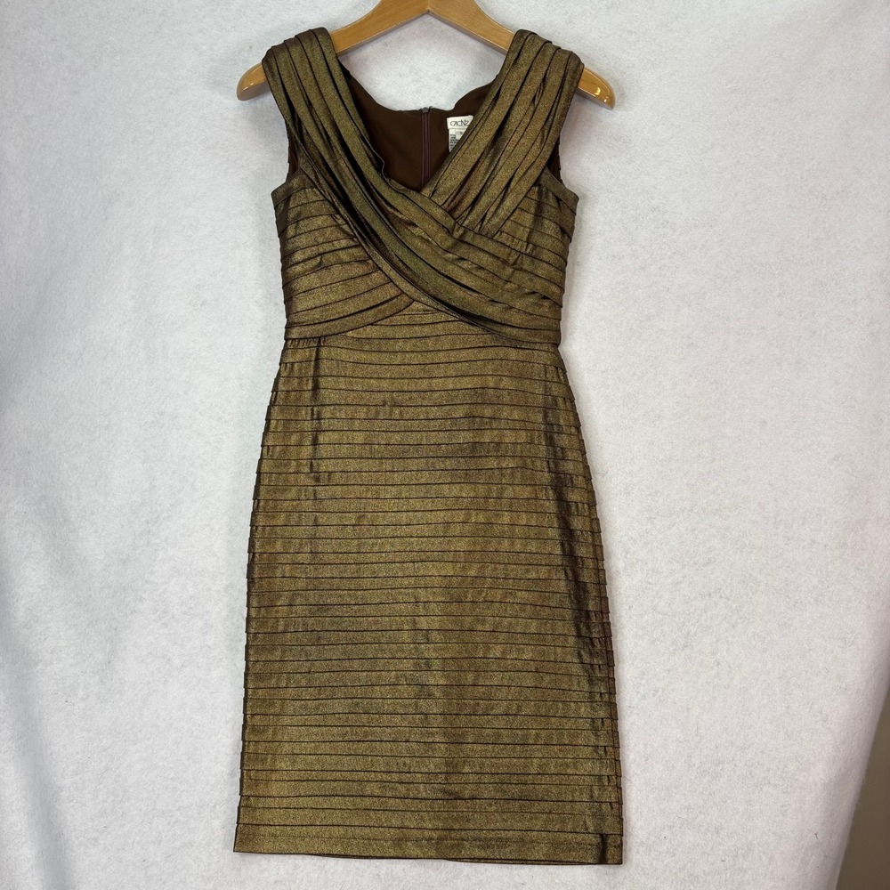 Vtg‎ Cache Bronze Metallic Bandage Sheath Bodycon Dress Women 8 Cocktail Glam